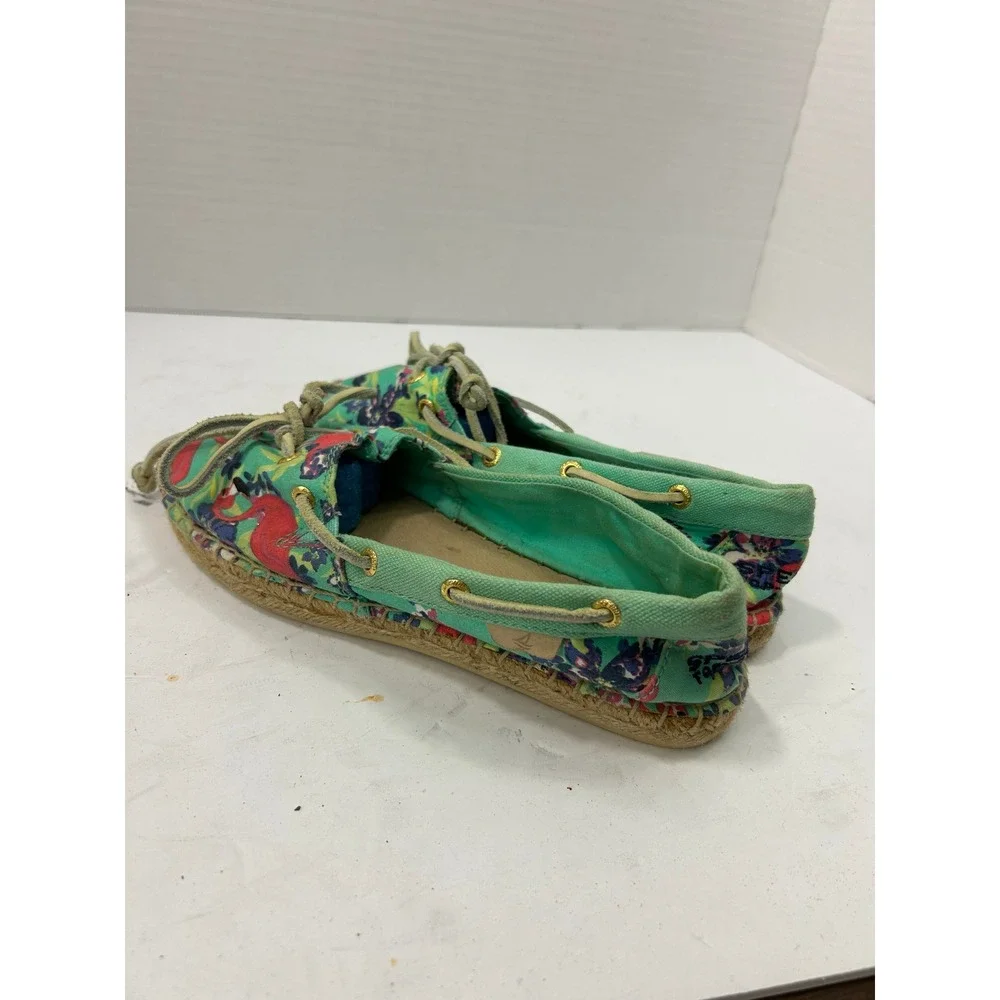 Sperry Flamingo Floral Espadrille Boat Shoes 6M Mint Green Tropical Boho Coastal